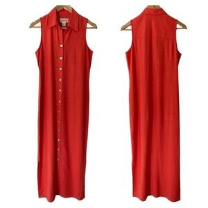 Vintage BellePointe Linen Blend Maxi Dress Sz S Orange Button Front Vacation GUC